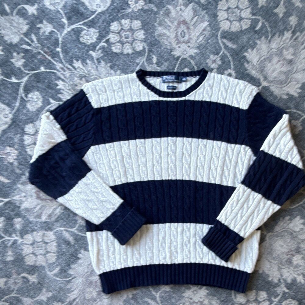 Vintage Polo Sweater By Ralph Lauren White Navy Striped Size XXL